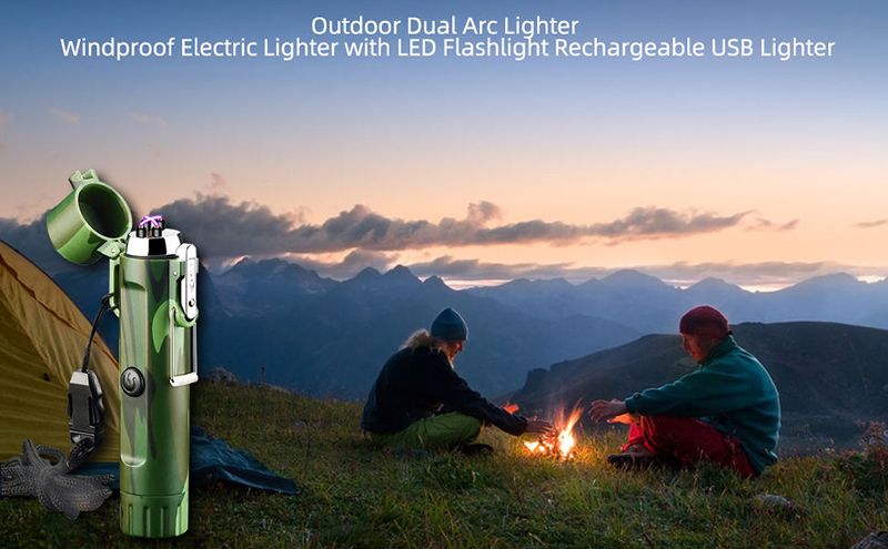 Waterproof and windproof double arc with compass flashing light for help signal outdoor flashlight lighter rechargeable USB igniter
