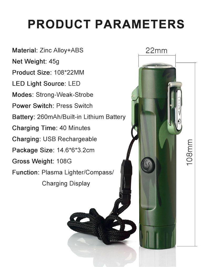 Waterproof and windproof double arc with compass flashing light for help signal outdoor flashlight lighter rechargeable USB igniter