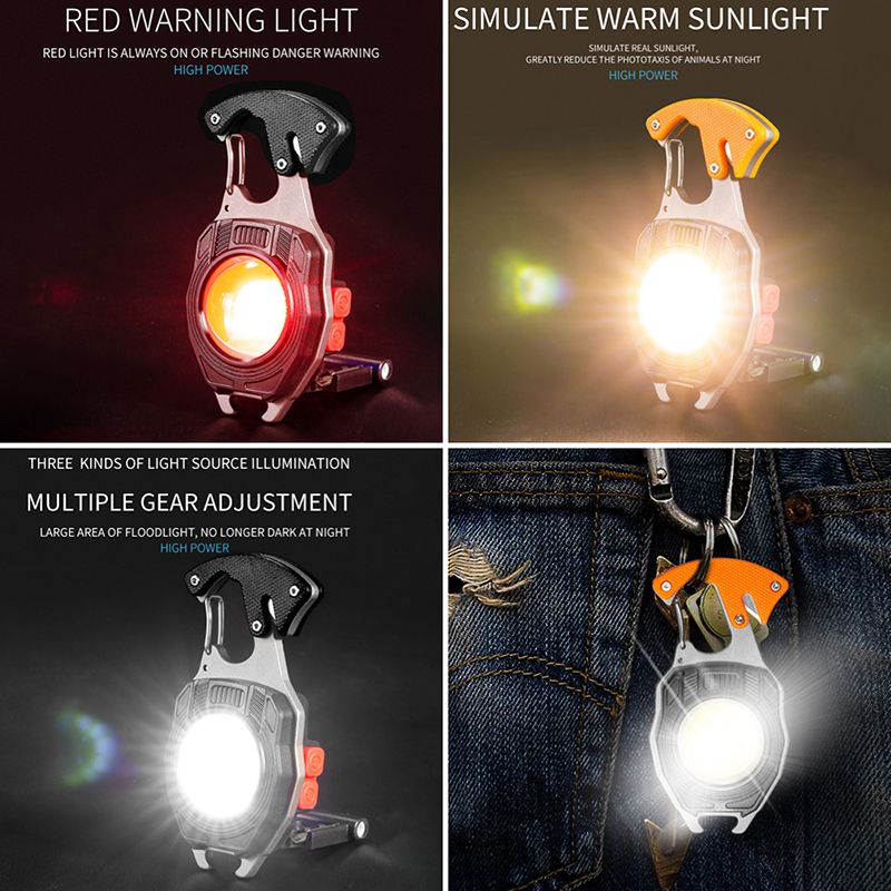 7-in-1 Multifunctional Keychain Work Light 【Flashlight, Cigarette Lighter, Bottle Opener, Screwdriver, Survival Whistle, Seatbelt Cutter, Strong Magnet】Portable Rechargeable COB LED Flashlight