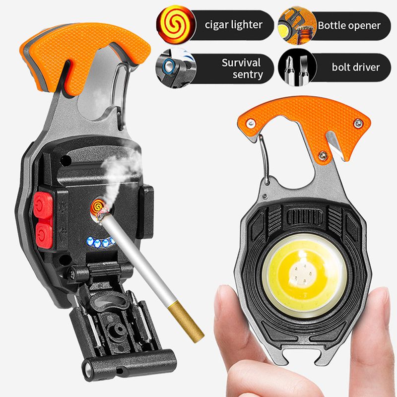 7-in-1 Multifunctional Keychain Work Light 【Flashlight, Cigarette Lighter, Bottle Opener, Screwdriver, Survival Whistle, Seatbelt Cutter, Strong Magnet】Portable Rechargeable COB LED Flashlight