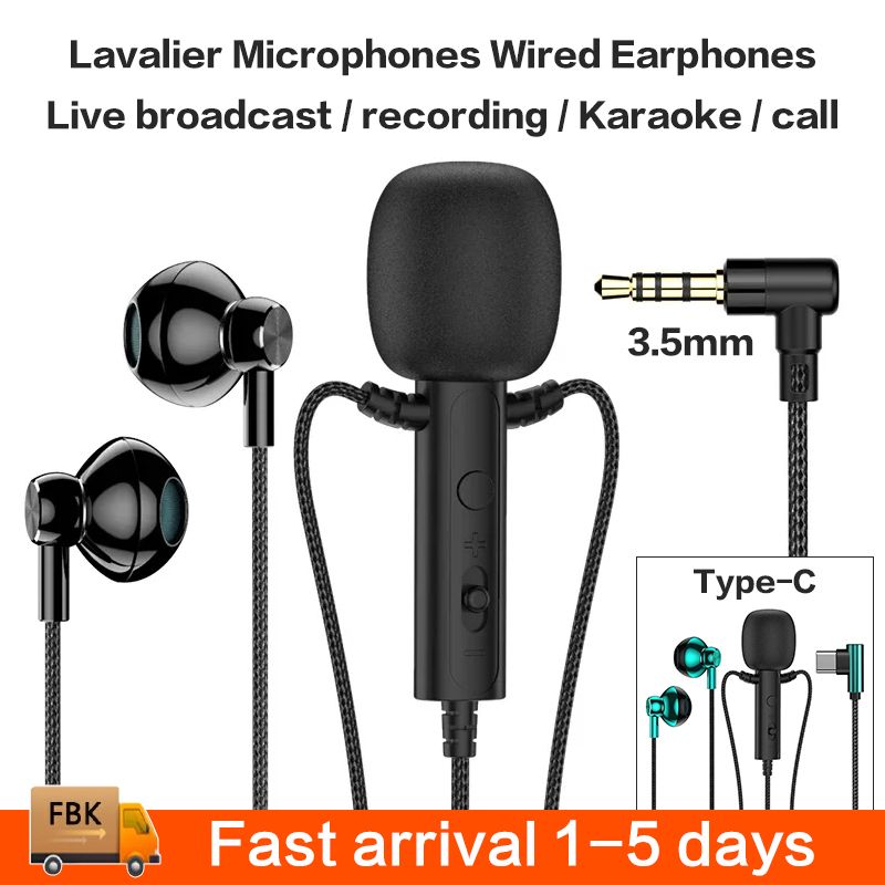 Lavalier Microphones Wired Earphones Earplugs Noise reduction anchor karaoke recording game 3.5mm Type-c headset high-quality mobile phone computer headset