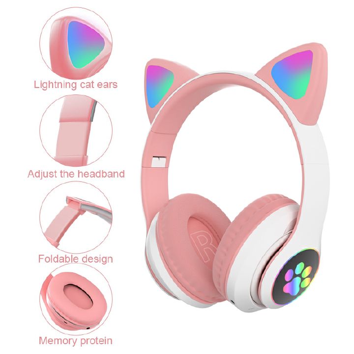 Headphones Flash cute cat ears wireless game headphones RGB LED Lighted Cat Ear headphones Noise-canceling over-ear headphones foldable pink