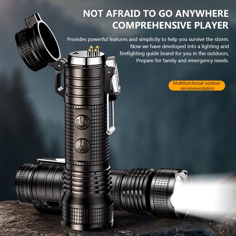 Outdoor multifunctional waterproof and windproof double arc lighter rechargeable flashlight lighting smokeless open flame cigarette lighter