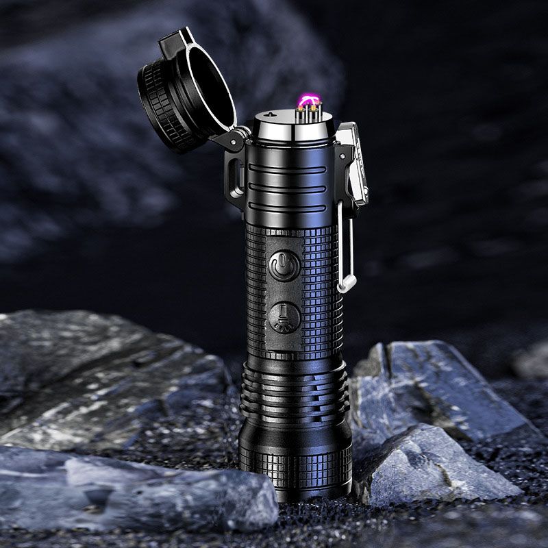 Outdoor multifunctional waterproof and windproof double arc lighter rechargeable flashlight lighting smokeless open flame cigarette lighter