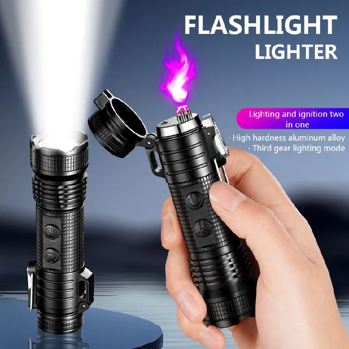 Outdoor multifunctional waterproof and windproof double arc lighter rechargeable flashlight lighting smokeless open flame cigarette lighter