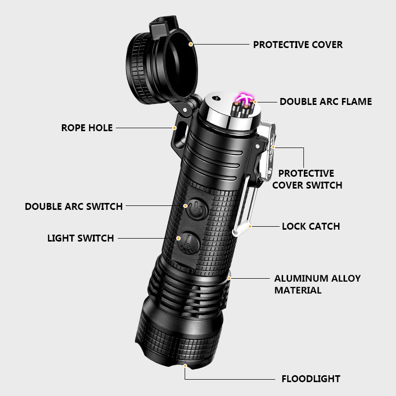 Outdoor multifunctional waterproof and windproof double arc lighter rechargeable flashlight lighting smokeless open flame cigarette lighter