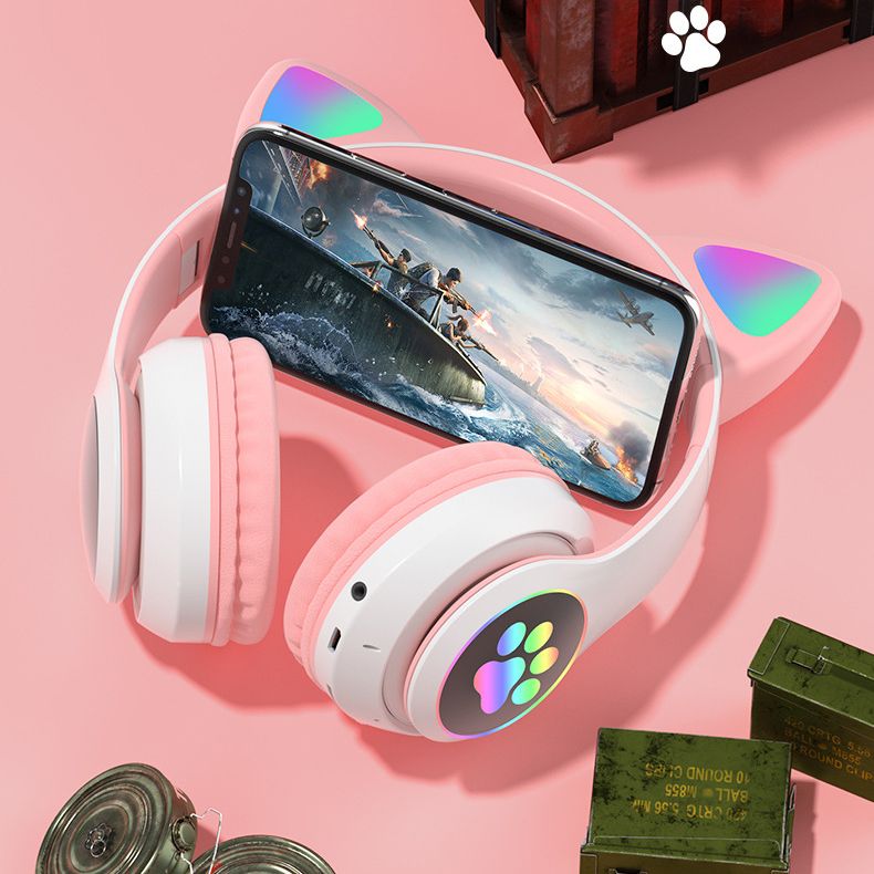 Headphones Flash cute cat ears wireless game headphones RGB LED Lighted Cat Ear headphones Noise-canceling over-ear headphones foldable pink