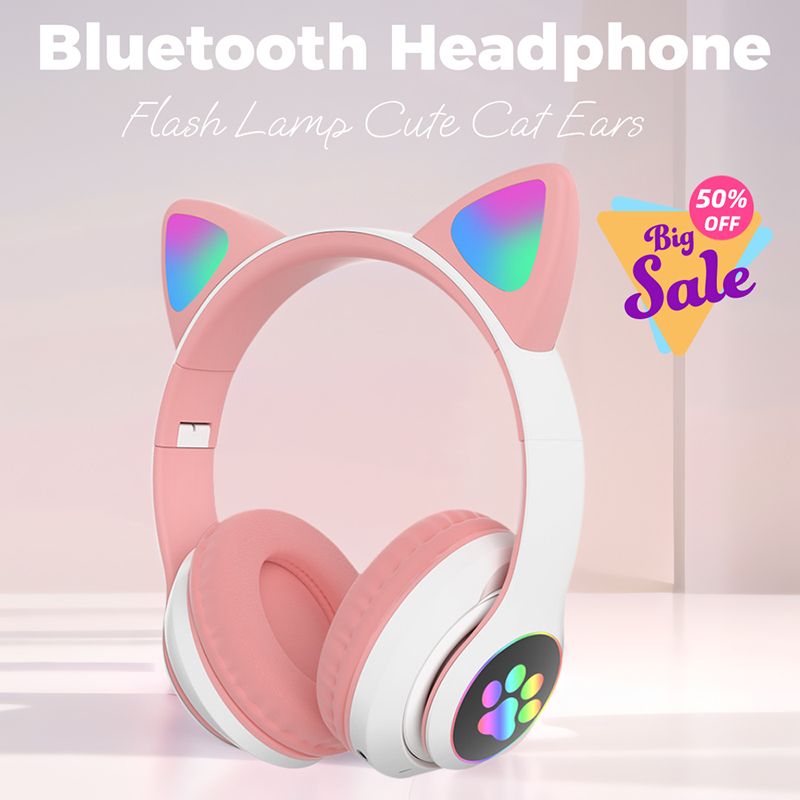 Headphones Flash cute cat ears wireless game headphones RGB LED Lighted Cat Ear headphones Noise-canceling over-ear headphones foldable pink