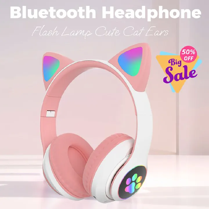 Headphones Flash cute cat ears wireless game headphones RGB LED Lighted Cat Ear headphones Noise-canceling over-ear headphones foldable pink