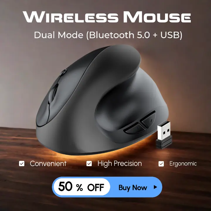 Wireless Bluetooth Mouse Rechargeable Dual Mode (Bluetooth 5.0 + USB)vertical mouse Wireless Mouse 2.4G High Precision Ergonomic Optical Mice with 3 Adjustable DPI 800/ 1200/ 1600 ， 6 Buttons