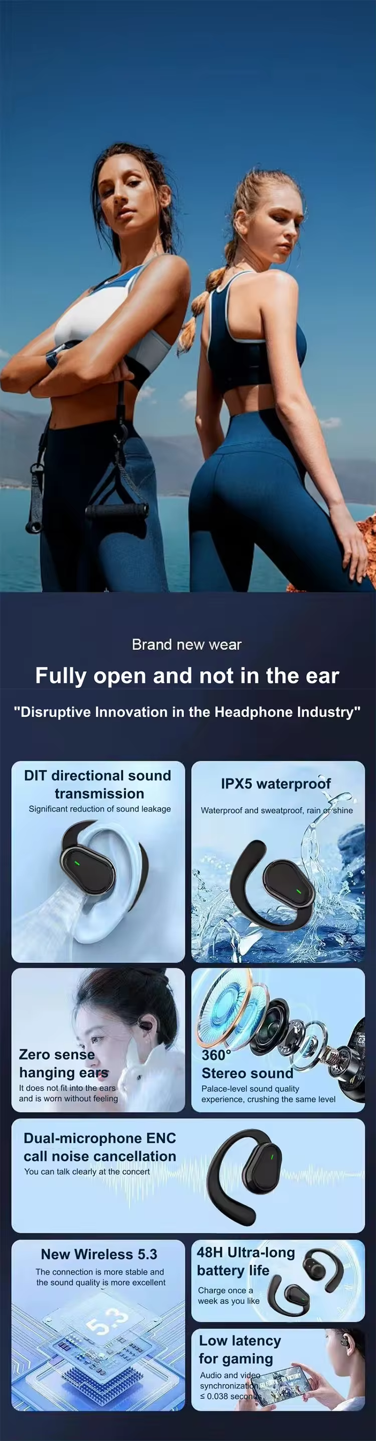 Bluetooth Earphone Wireless Earpods Ultra-long Battery Life Painless Ear-hook Sports Earphone Waterproof Noise Reduction Earbuds LED Digital Display HIFI Stereo Headset Phones Accessories