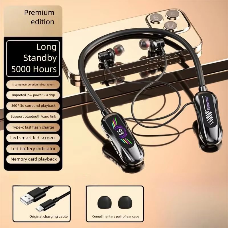 Sports Earphones Wireless Bluetooth Neckband Earphones In-Ear Noise Reduction Earbuds Digital Display Magnetic Headphones Long Standby For Sports Live Karaoke Bluetooth Earpods