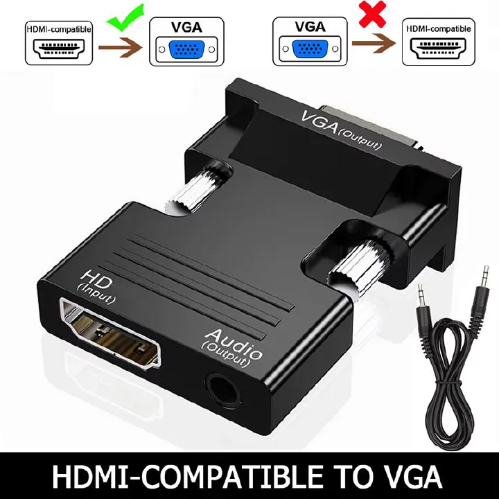 Male to Female HDMI to VGA Adapter HD 1080P Audio Cable Converter with 3.5mm Audio Cable for PC Laptop TV Box Computer Monitor Projector