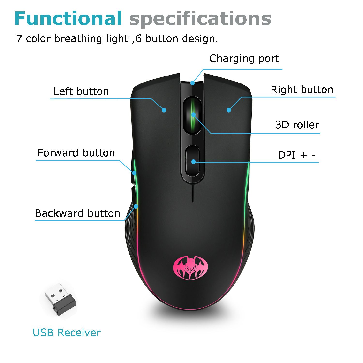 M06 Wireless Mouse RGB 2.4G Professional Designer Drawing Office Study Ergonomic Mouse Suitable for Laptops, Desktops, etc. Rechargeable Silent, Ultra-Long Battery Life, 6 Buttons,1600DPI Gaming Mouse