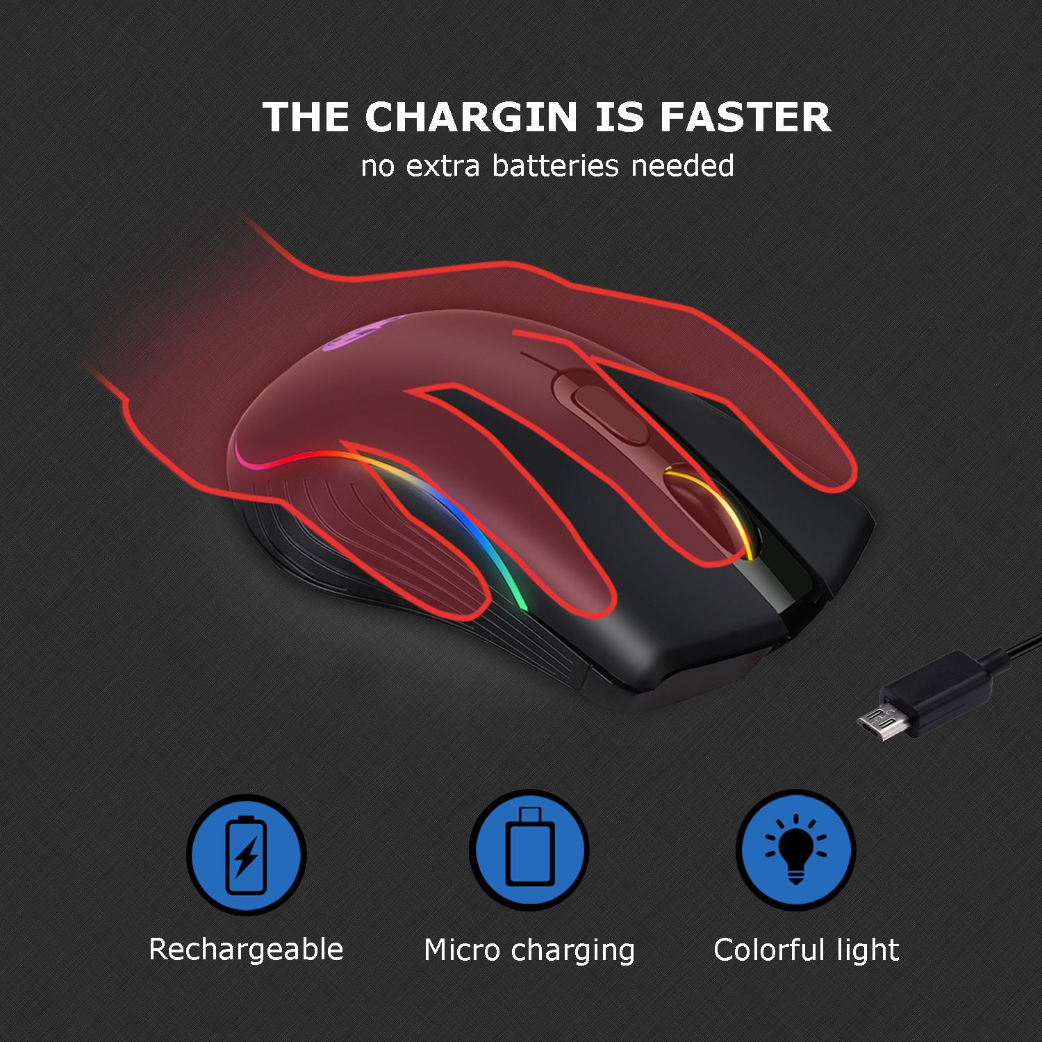 M06 Wireless Mouse RGB 2.4G Professional Designer Drawing Office Study Ergonomic Mouse Suitable for Laptops, Desktops, etc. Rechargeable Silent, Ultra-Long Battery Life, 6 Buttons,1600DPI Gaming Mouse