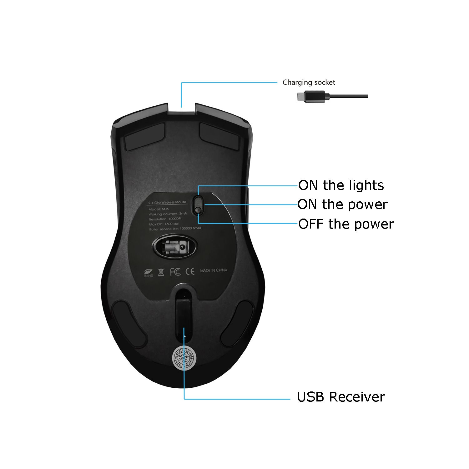 M06 Wireless Mouse RGB 2.4G Professional Designer Drawing Office Study Ergonomic Mouse Suitable for Laptops, Desktops, etc. Rechargeable Silent, Ultra-Long Battery Life, 6 Buttons,1600DPI Gaming Mouse