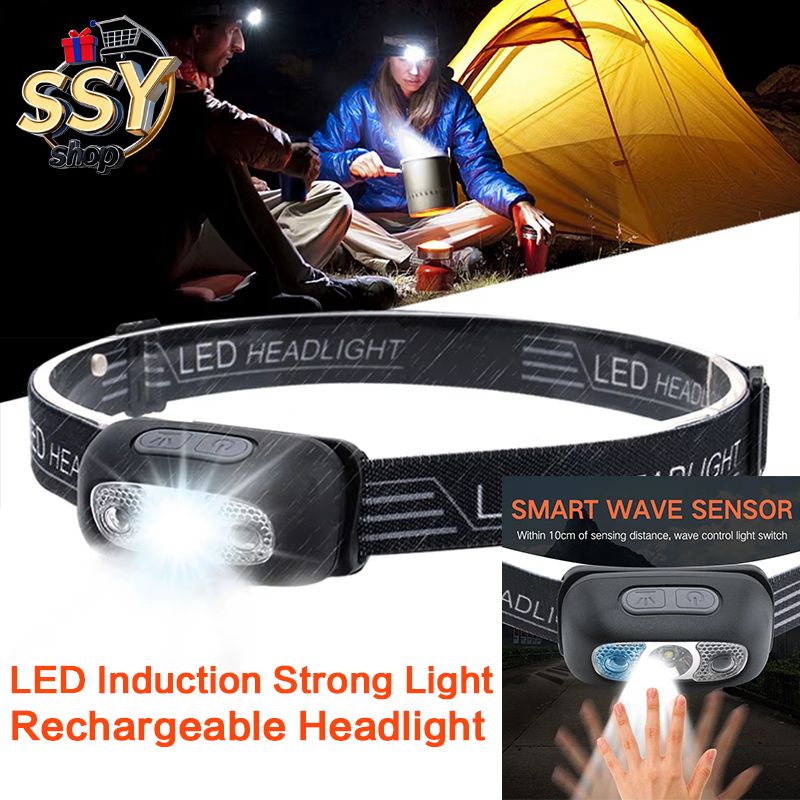 Powerful Headlamp LED Sensor Strong Light Headlamp Mini USB Rechargeable Flashlight Head Light Portable Camping Search Light Outdoor Running Camping Headlamp Night Fishing Lighting Strong Light