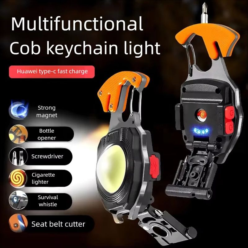 7-in-1 Multifunctional Keychain Work Light 【Flashlight, Cigarette Lighter, Bottle Opener, Screwdriver, Survival Whistle, Seatbelt Cutter, Strong Magnet】Portable Rechargeable COB LED Flashlight
