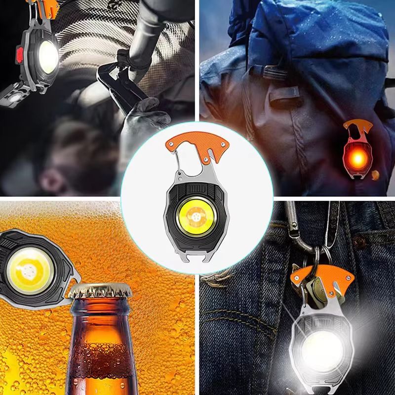 7-in-1 Multifunctional Keychain Work Light 【Flashlight, Cigarette Lighter, Bottle Opener, Screwdriver, Survival Whistle, Seatbelt Cutter, Strong Magnet】Portable Rechargeable COB LED Flashlight