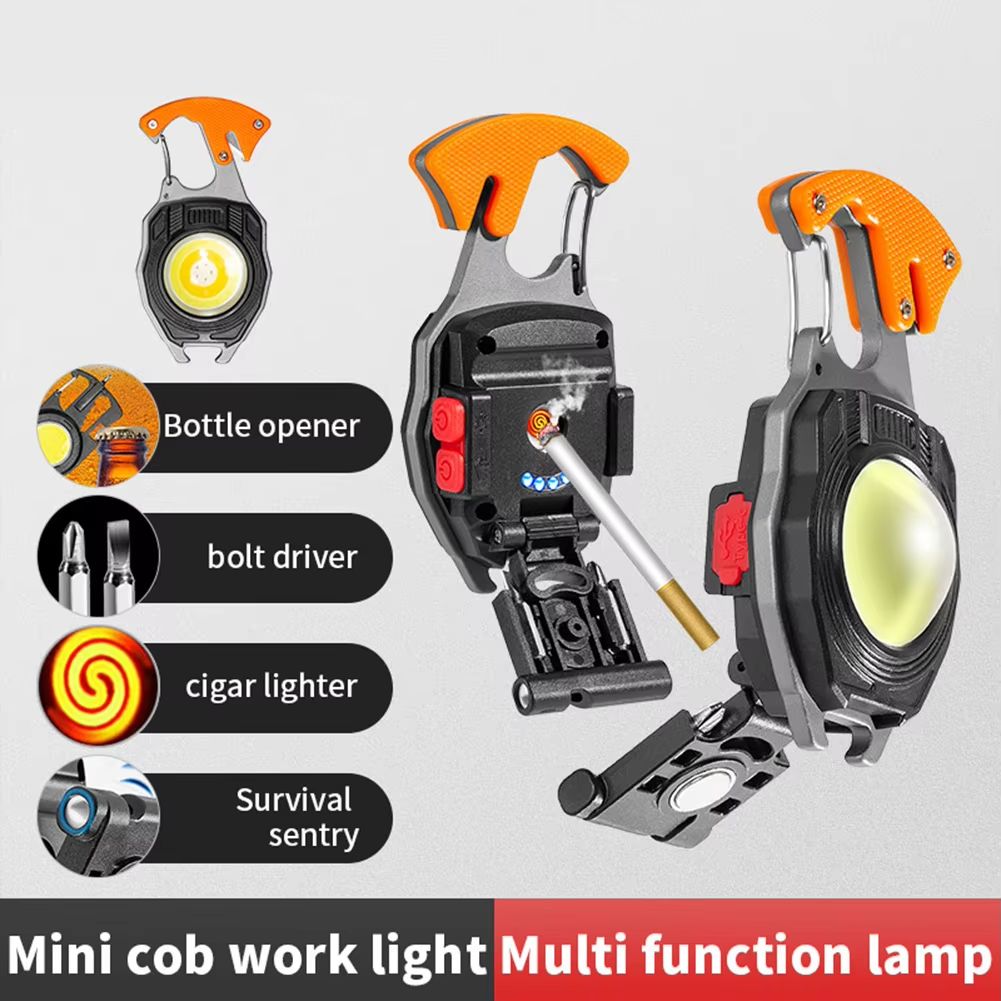 7-in-1 Multifunctional Keychain Work Light 【Flashlight, Cigarette Lighter, Bottle Opener, Screwdriver, Survival Whistle, Seatbelt Cutter, Strong Magnet】Portable Rechargeable COB LED Flashlight