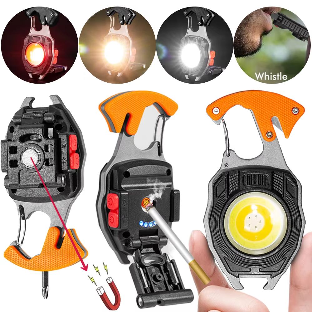 7-in-1 Multifunctional Keychain Work Light 【Flashlight, Cigarette Lighter, Bottle Opener, Screwdriver, Survival Whistle, Seatbelt Cutter, Strong Magnet】Portable Rechargeable COB LED Flashlight