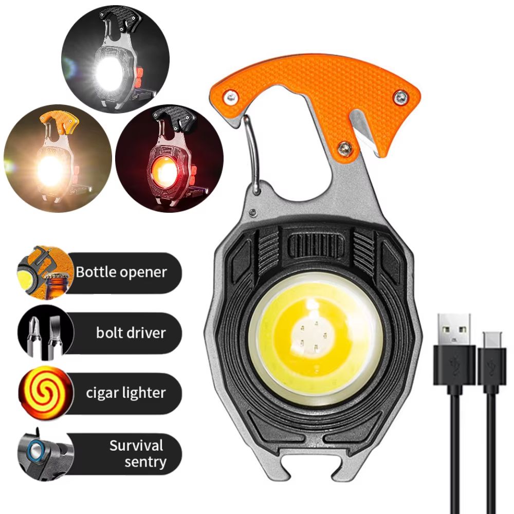 7-in-1 Multifunctional Keychain Work Light 【Flashlight, Cigarette Lighter, Bottle Opener, Screwdriver, Survival Whistle, Seatbelt Cutter, Strong Magnet】Portable Rechargeable COB LED Flashlight