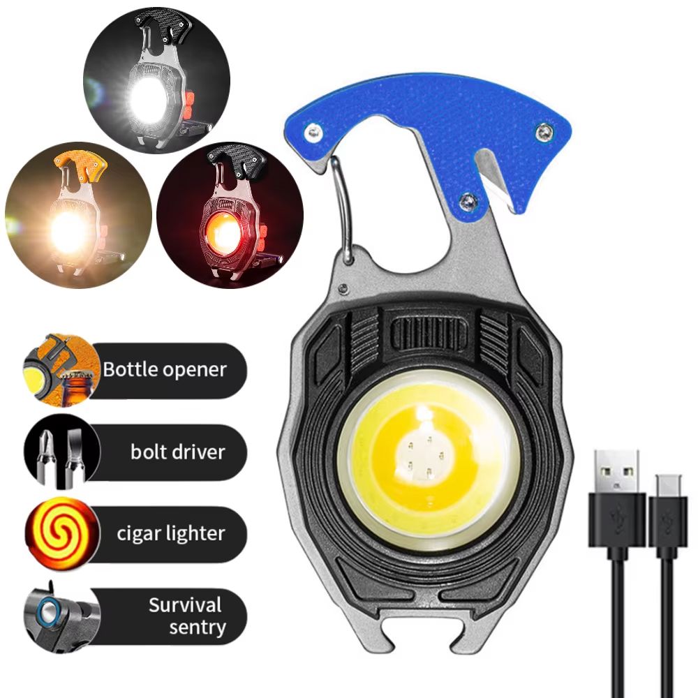 7-in-1 Multifunctional Keychain Work Light 【Flashlight, Cigarette Lighter, Bottle Opener, Screwdriver, Survival Whistle, Seatbelt Cutter, Strong Magnet】Portable Rechargeable COB LED Flashlight