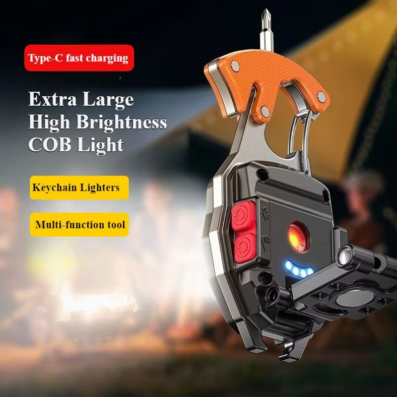 7-in-1 Multifunctional Keychain Work Light 【Flashlight, Cigarette Lighter, Bottle Opener, Screwdriver, Survival Whistle, Seatbelt Cutter, Strong Magnet】Portable Rechargeable COB LED Flashlight