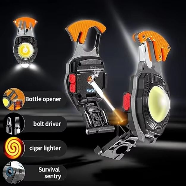 7-in-1 Multifunctional Keychain Work Light 【Flashlight, Cigarette Lighter, Bottle Opener, Screwdriver, Survival Whistle, Seatbelt Cutter, Strong Magnet】Portable Rechargeable COB LED Flashlight
