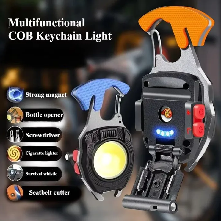 7-in-1 Multifunctional Keychain Work Light 【Flashlight, Cigarette Lighter, Bottle Opener, Screwdriver, Survival Whistle, Seatbelt Cutter, Strong Magnet】Portable Rechargeable COB LED Flashlight