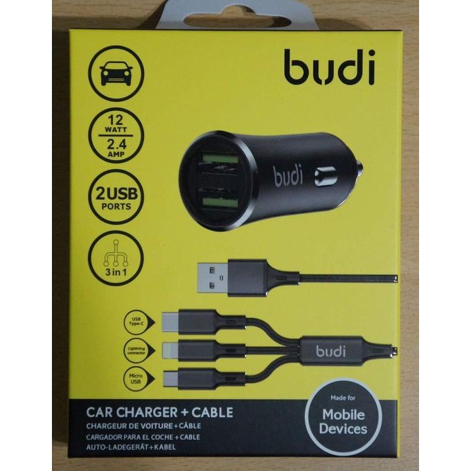Budi Car Fast Charger with 3 in 1 Cable 12W 2.4Amp Compatible with iPhone/Samsung/Redmi/Motorola/All Type C Devices/Tablets SAmsung A15,A14,A24,A25,A05,A34Phone 14 Pro MAx