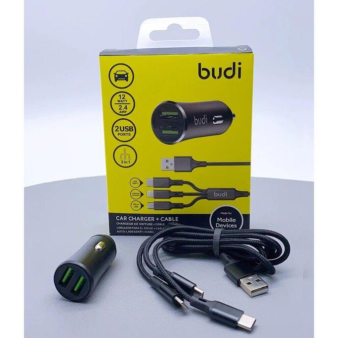 Budi Car Fast Charger with 3 in 1 Cable 12W 2.4Amp Compatible with iPhone/Samsung/Redmi/Motorola/All Type C Devices/Tablets SAmsung A15,A14,A24,A25,A05,A34Phone 14 Pro MAx