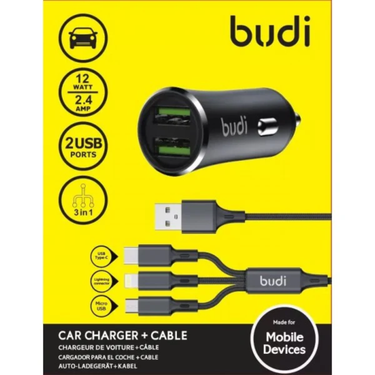 Budi Car Fast Charger with 3 in 1 Cable 12W 2.4Amp Compatible with iPhone/Samsung/Redmi/Motorola/All Type C Devices/Tablets SAmsung A15,A14,A24,A25,A05,A34Phone 14 Pro MAx