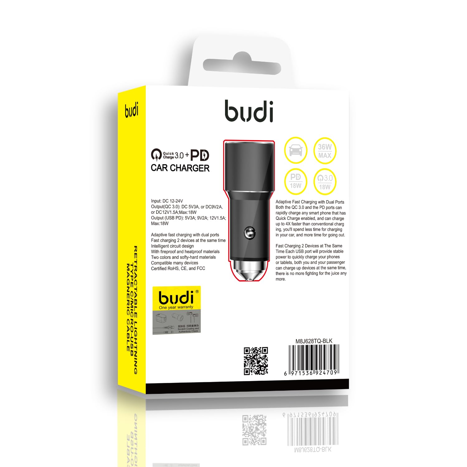 High Speed Budi Car Fast Charger with Type C Charging Port 36W PD 18W Quick Charge 3.0 Compatible with iPhone/Samsung/MI/Oppo/Vivo/Tablets