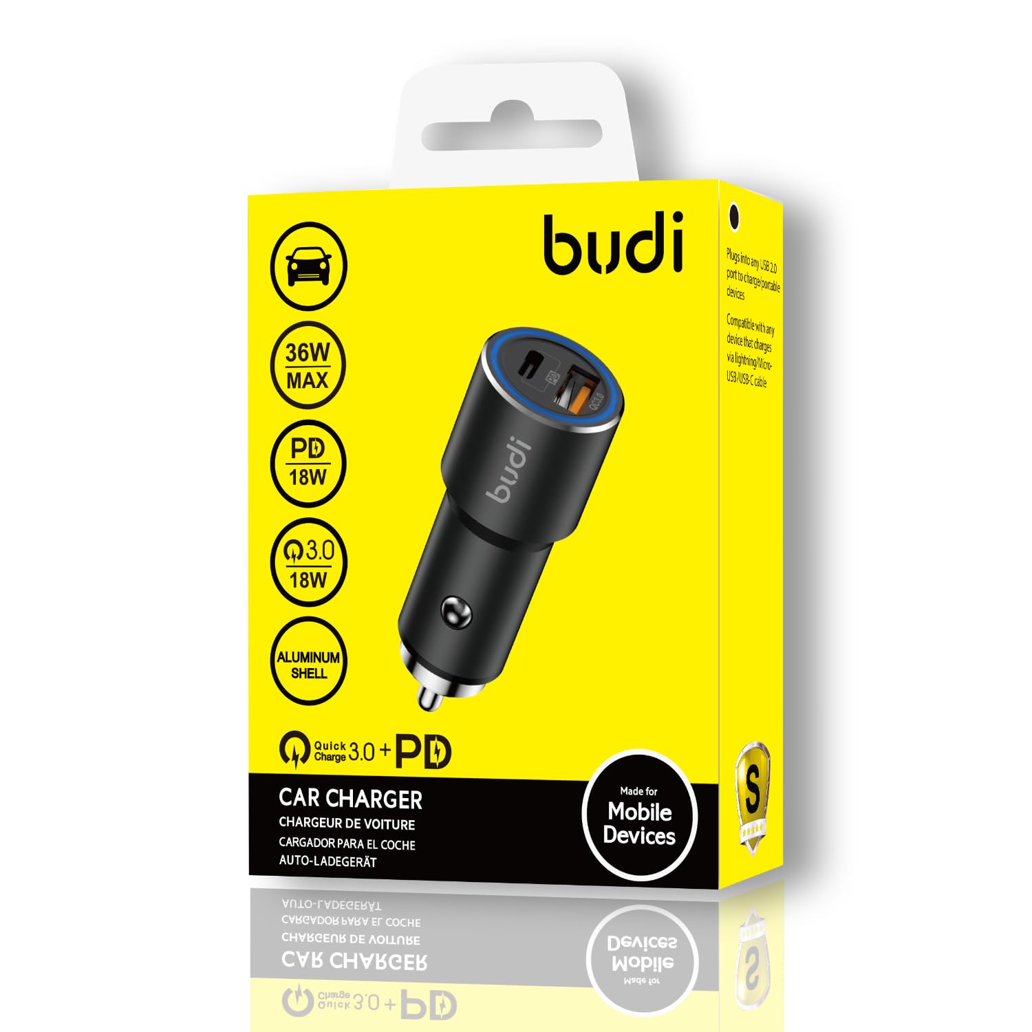 High Speed Budi Car Fast Charger with Type C Charging Port 36W PD 18W Quick Charge 3.0 Compatible with iPhone/Samsung/MI/Oppo/Vivo/Tablets