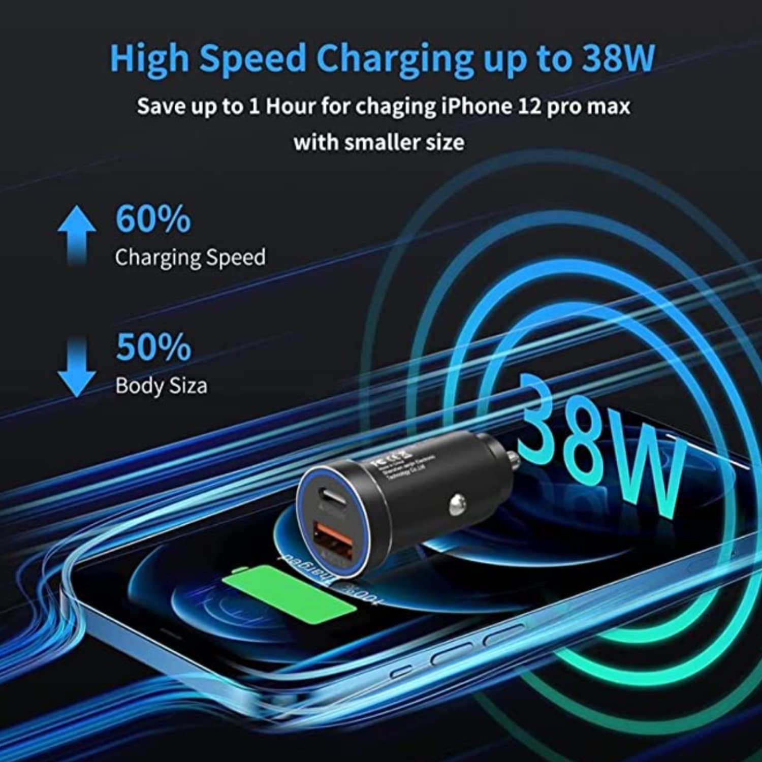 High Speed Budi Car Fast Charger with Type C Charging Port 36W PD 18W Quick Charge 3.0 Compatible with iPhone/Samsung/MI/Oppo/Vivo/Tablets