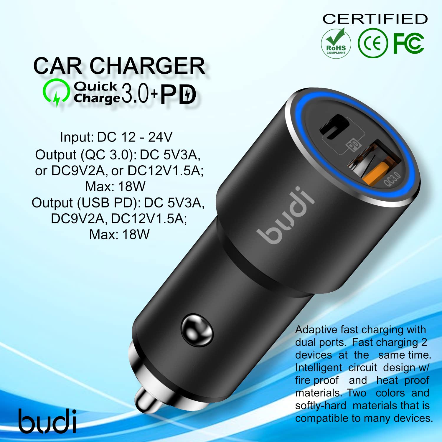 High Speed Budi Car Fast Charger with Type C Charging Port 36W PD 18W Quick Charge 3.0 Compatible with iPhone/Samsung/MI/Oppo/Vivo/Tablets