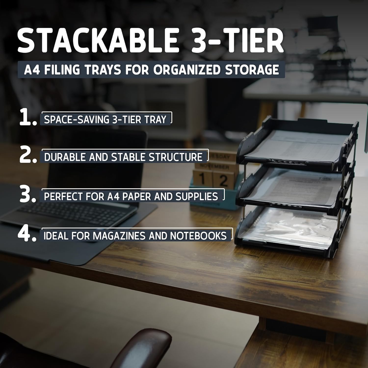 Stackable 3 Tier Office Filing Trays A4 Document Desk Riser Letter Paper Storage Organiser Magazine Rack Storage