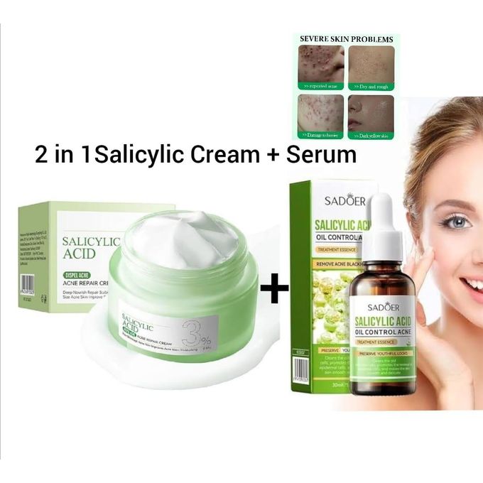 SADOER Salicylic Acid Cream + Serum for Face Shrink Pores, Gentle Exfoliating, Salicylic Acid for Anti Acne, Pimple, Spot, Blackhead Salicylic Acid Acne Treatment Essence