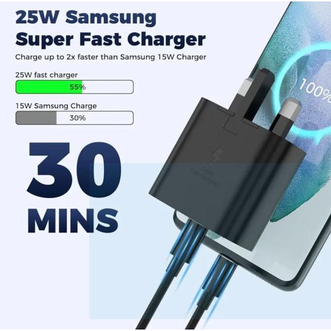 Samsung 25 Watts TYPE C to C Super Fast Charger Galaxy S20 Plus, S20 Ultra,S21 Plus,S21 Ultra, S22, S22Plus, S22 Ultra, S23, S23 Ultra, S24, S24 Plus, S24 Ultra, Note 10 Plus, Tab S8, S25, S25 Ultra,