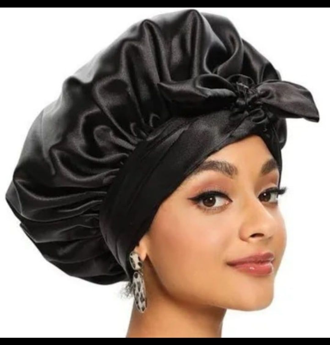 New Large Satin Bonnet Sleeping Cap Silky Hats Adjustable cap for Curly Hair Bonnet with Tie Band-Black