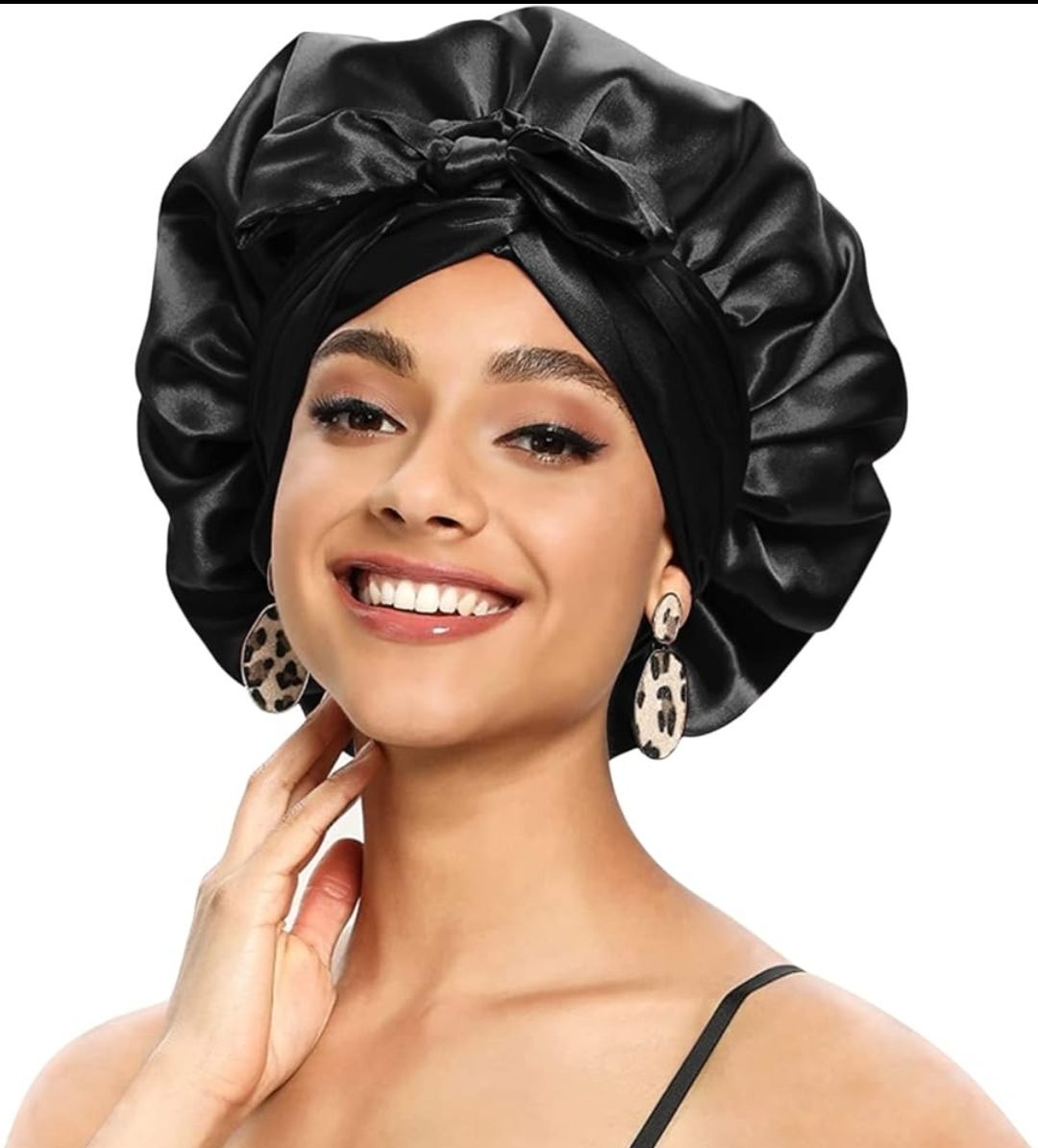 New Large Satin Bonnet Sleeping Cap Silky Hats Adjustable cap for Curly Hair Bonnet with Tie Band-Black