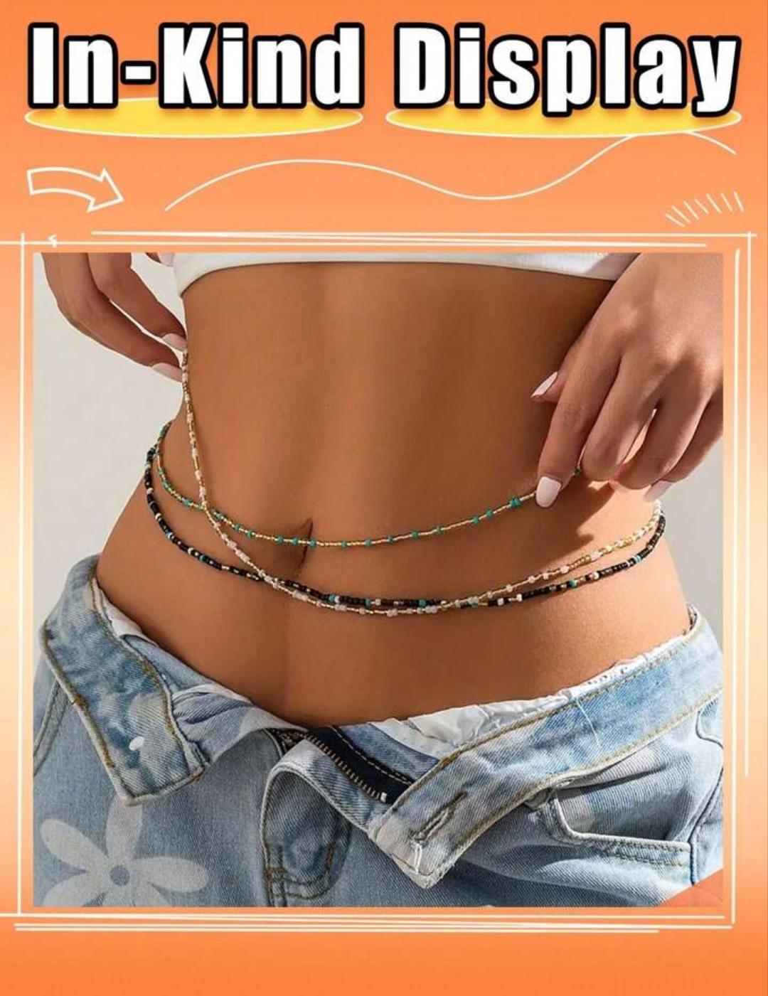 3pcs Trendy Adjustable Beaded Waist Chain for Women – Stylish Belly Chain Body Jewelry African Waist Beads - Summer Beach Accessory for Jeans, Crop Tops, Festivals and Everyday Wear