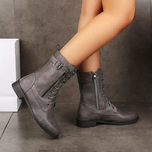 Women's Mid Calf Boots//Lace Up Zipper Boots//Ladies Flat Boots// With Soft Leather//Winter//Rain-Grey