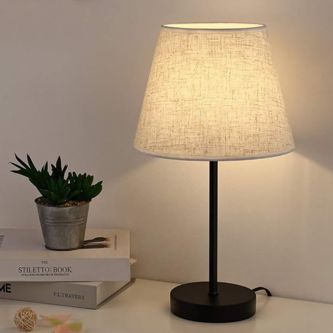Bedside Table Lamp with Desk Lamps with Linen Fabric Shades and Black Metal Frame