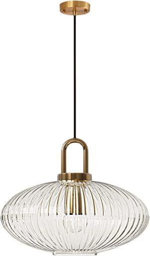 Debbte Industrial Vintage Pendant Lighting with Ribbed Glass Lamp Shade and Bronze Finish, (Transparent, 11.8″)