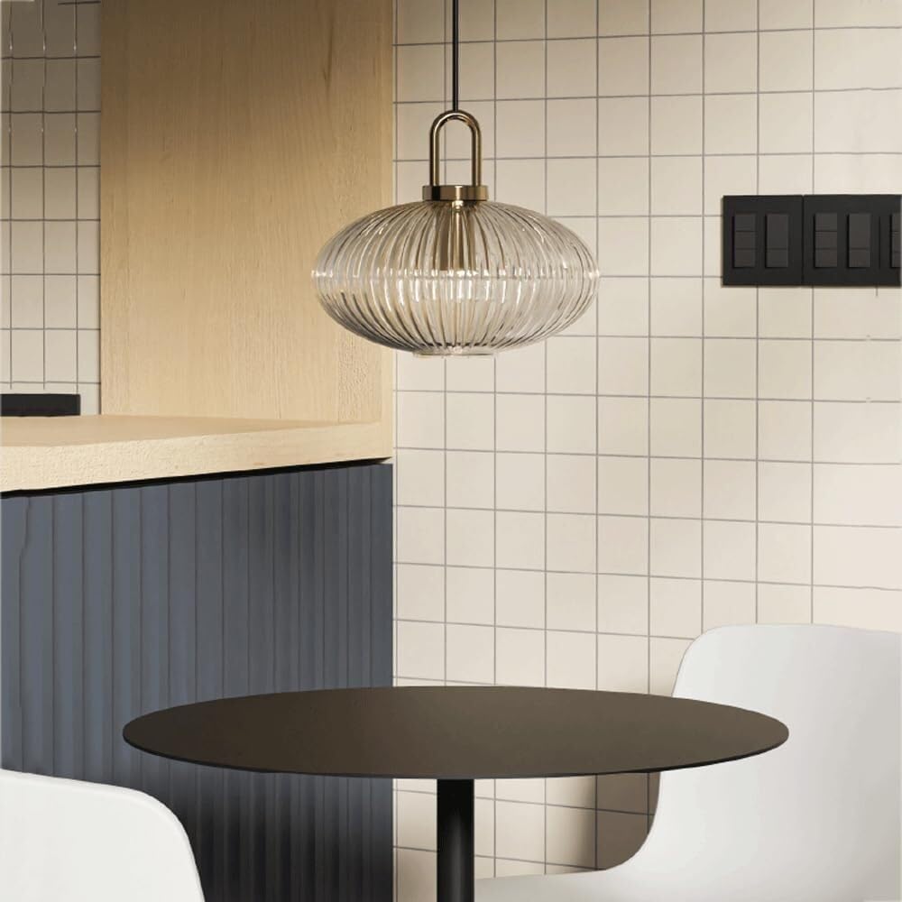 Debbte Industrial Vintage Pendant Lighting with Ribbed Glass Lamp Shade and Bronze Finish, Modern Retro Ceiling Light Hanging Lamp for Bedside Dining Table Kitchen Island (Transparent, 11.8″)