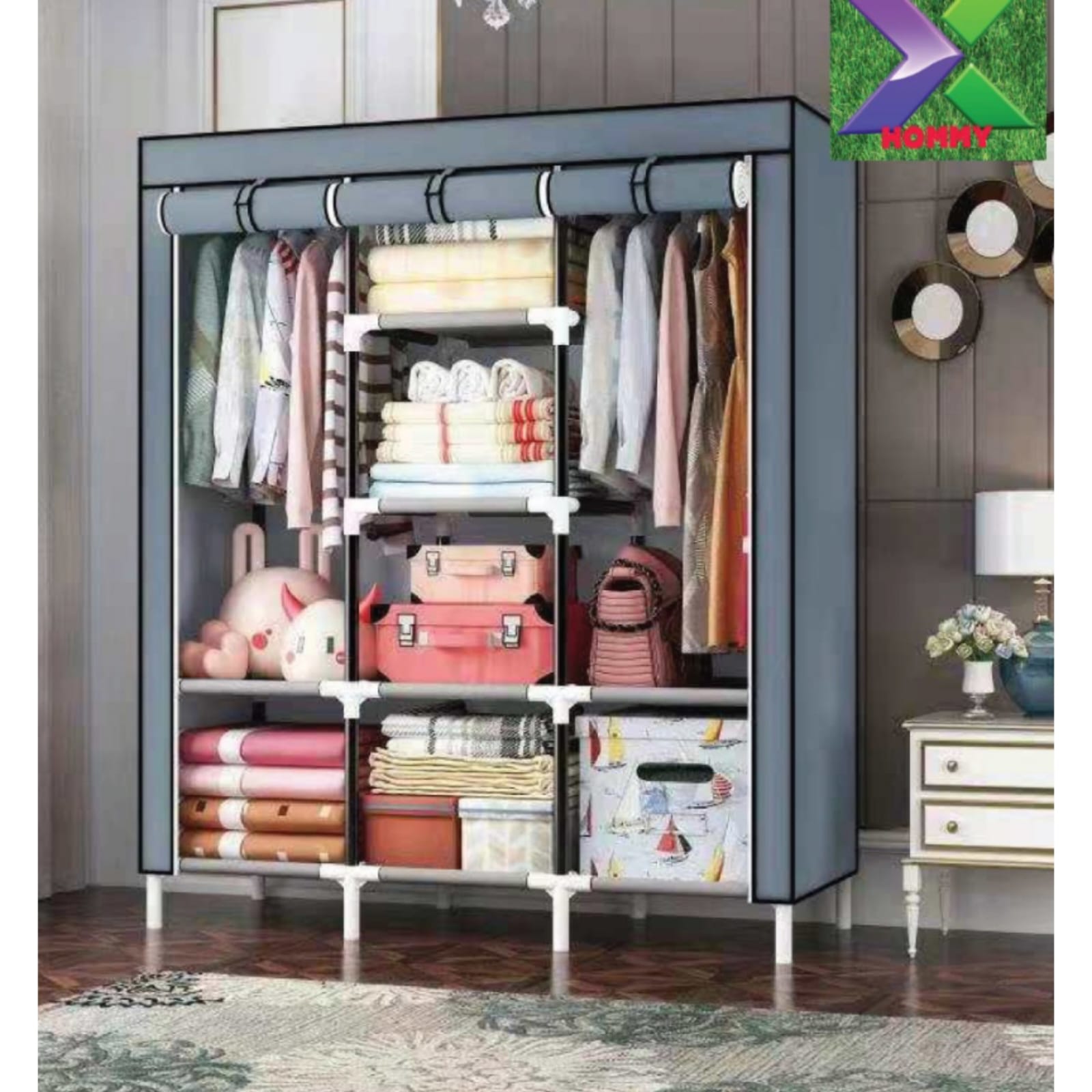 3-column portable wooden wardrobe This heavy duty wardrobe is very durable. It's perfect for all your clothes storage needs, highly portable and convenient. We pride ourselves in an exclusive shopping