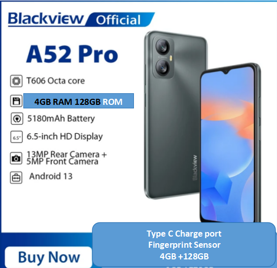 Blackview A52 Pro 4GB+128GB 6.52 Inch Android 13 4G OTG Fingerprint Identification Smartphone - 13MP+0.8MP 5MP Camera 5180 mAh Type C Charge Battery Smart Phone