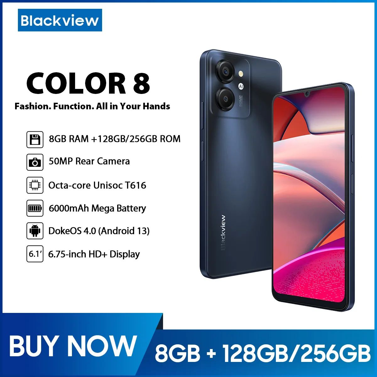 Blackview Color 8 Smartphone 6.75" Display 8GB+256GB Dual Sim 6000 mAh Battery  50MP+8MP Camera Android 13 Smartphone